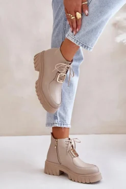 Zazoo 2952 Skórzane Botki Ze Złotą Ozdobą Beżowe