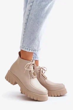 Zazoo 2952 Skórzane Botki Ze Złotą Ozdobą Beżowe