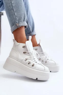 Zazoo 3416 Skórzane Damskie Buty Sportowe Białe