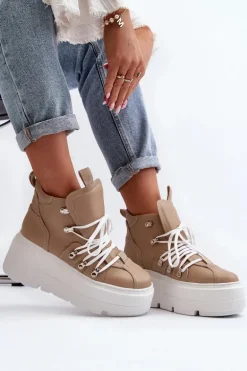 Zazoo 3416 Skórzane Damskie Buty Sportowe Beżowe