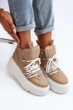 Zazoo 3416 Skórzane Damskie Buty Sportowe Beżowe