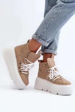 Zazoo 3416 Skórzane Damskie Buty Sportowe Beżowe