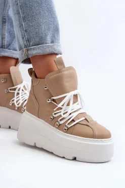 Zazoo 3416 Skórzane Damskie Buty Sportowe Beżowe