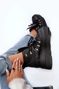 Zazoo 3416 Skórzane Damskie Buty Sportowe Czarne