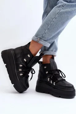 Zazoo 3416 Skórzane Damskie Buty Sportowe Czarne