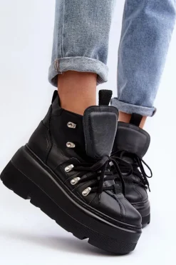 Zazoo 3416 Skórzane Damskie Buty Sportowe Czarne