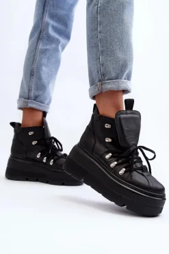 Zazoo 3416 Skórzane Damskie Buty Sportowe Czarne