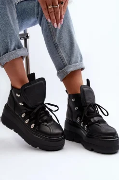 Zazoo 3416 Skórzane Damskie Buty Sportowe Czarne