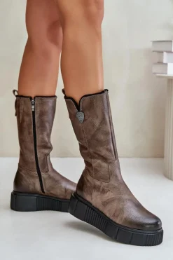 Zazoo 70121 Skórzane Damskie Kozaki Z Wełną Brązowe