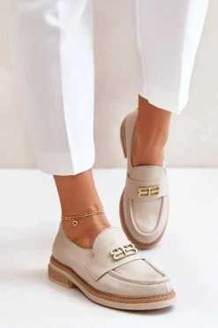 Zazoo 20174 Skórzane Eleganckie Półbuty Damskie Na Płaskim Obcasie Beżowe