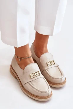 Zazoo 20174 Skórzane Eleganckie Półbuty Damskie Na Płaskim Obcasie Beżowe