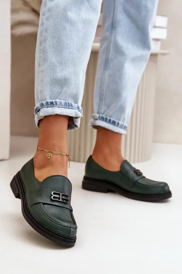 Zazoo 20174 Skórzane Eleganckie Półbuty Damskie Na Płaskim Obcasie Ciemnozielone