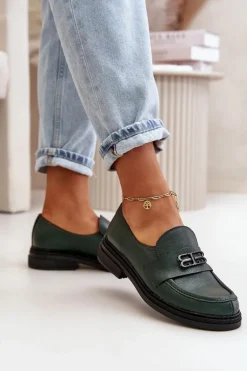 Zazoo 20174 Skórzane Eleganckie Półbuty Damskie Na Płaskim Obcasie Ciemnozielone