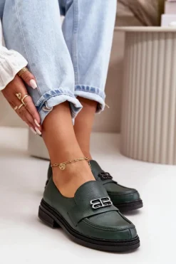 Zazoo 20174 Skórzane Eleganckie Półbuty Damskie Na Płaskim Obcasie Ciemnozielone