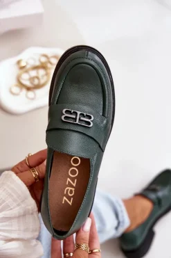 Zazoo 20174 Skórzane Eleganckie Półbuty Damskie Na Płaskim Obcasie Ciemnozielone