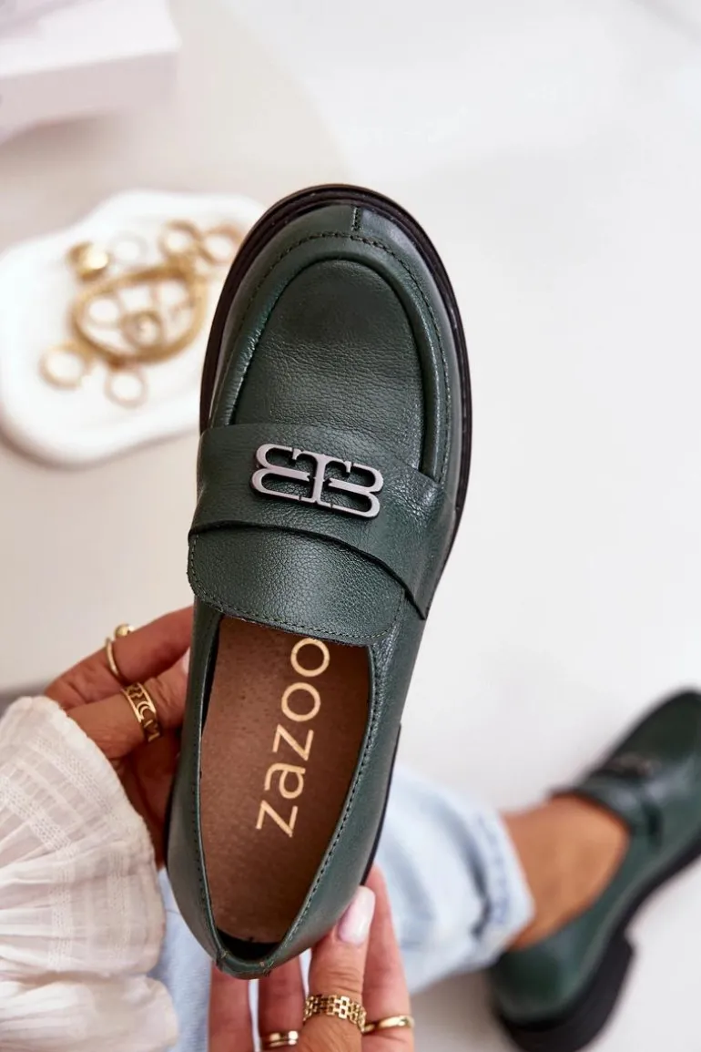 Zazoo 20174 Skórzane Eleganckie Półbuty Damskie Na Płaskim Obcasie Ciemnozielone
