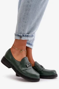 Zazoo 20174 Skórzane Eleganckie Półbuty Damskie Na Płaskim Obcasie Ciemnozielone