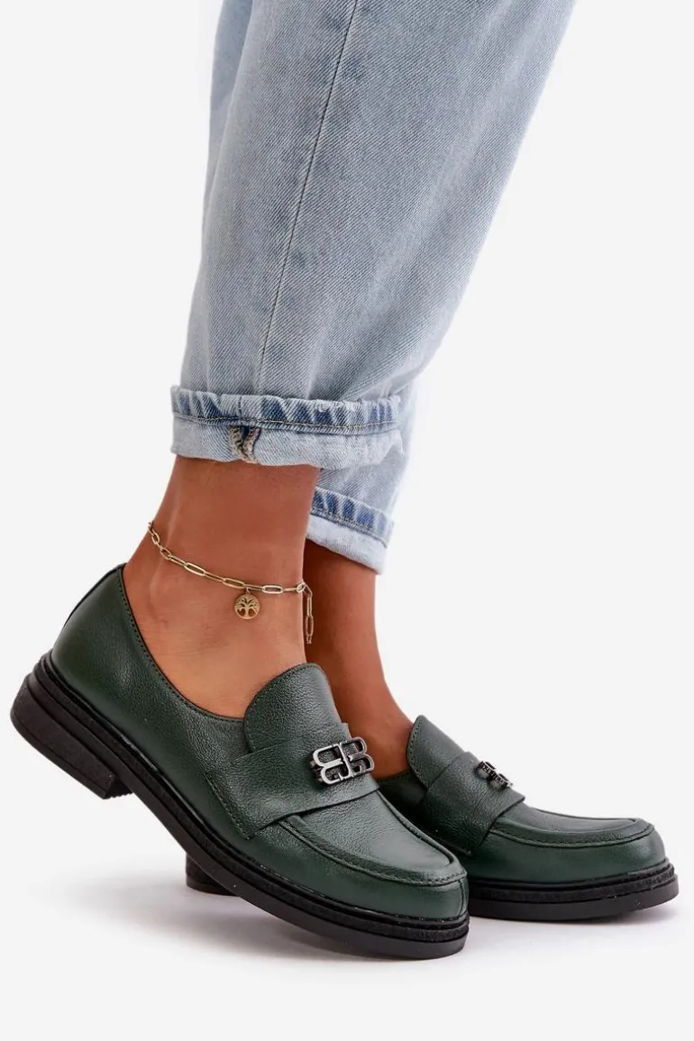 Zazoo 20174 Skórzane Eleganckie Półbuty Damskie Na Płaskim Obcasie Ciemnozielone