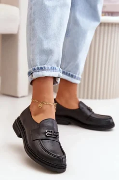 Zazoo 20174 Skórzane Eleganckie Półbuty Damskie Na Płaskim Obcasie Czarne