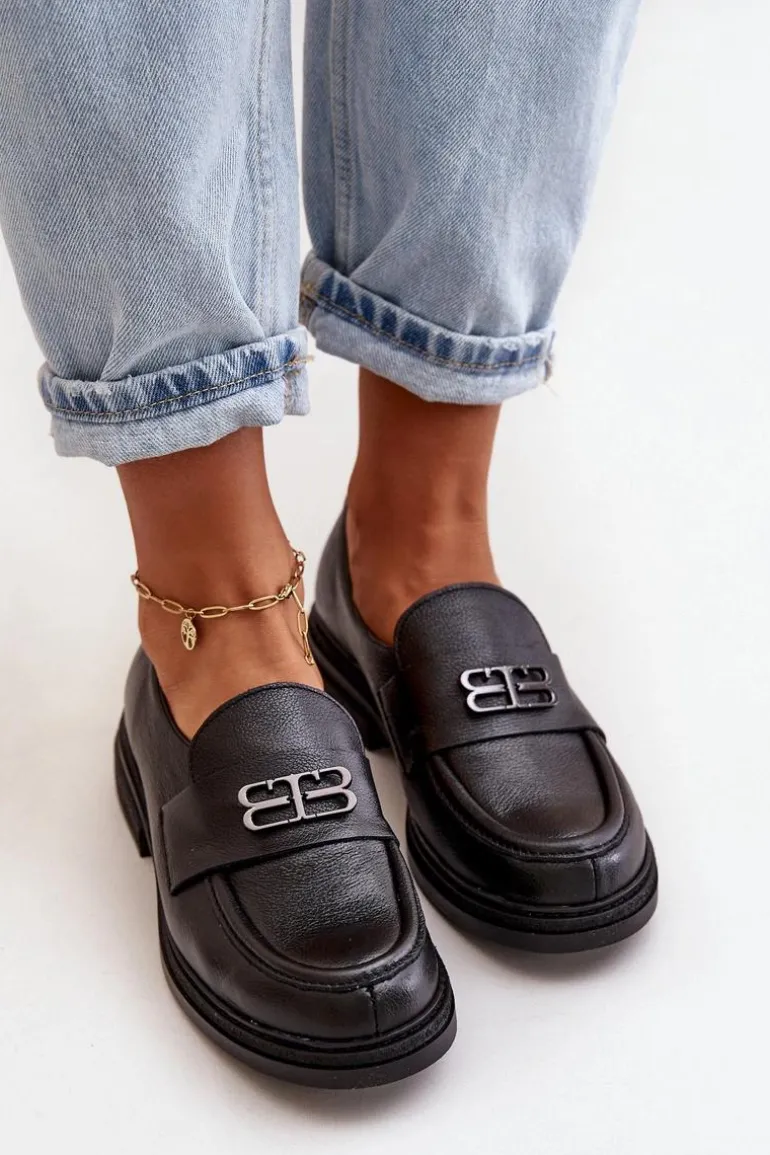 Zazoo 20174 Skórzane Eleganckie Półbuty Damskie Na Płaskim Obcasie Czarne