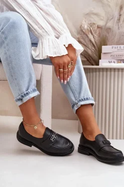 Zazoo 20174 Skórzane Eleganckie Półbuty Damskie Na Płaskim Obcasie Czarne