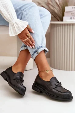 Zazoo 20174 Skórzane Eleganckie Półbuty Damskie Na Płaskim Obcasie Czarne