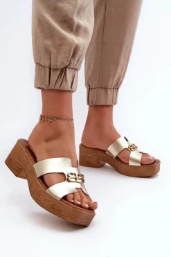 Zazoo 40412 Skórzane Eleganckie Klapki Damskie Z Ozdobą Złote