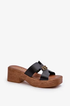 Zazoo 40412 Skórzane Eleganckie Klapki Damskie Ze Złotą Ozdobą Czarne