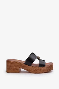 Zazoo 40412 Skórzane Eleganckie Klapki Damskie Ze Złotą Ozdobą Czarne