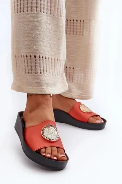 Zazoo 2920 Skórzane Klapki Damskie Na Koturnie Ze Złotym Detalem Pomarańczowe