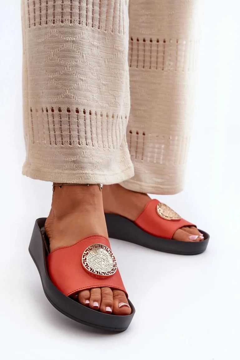 Zazoo 2920 Skórzane Klapki Damskie Na Koturnie Ze Złotym Detalem Pomarańczowe