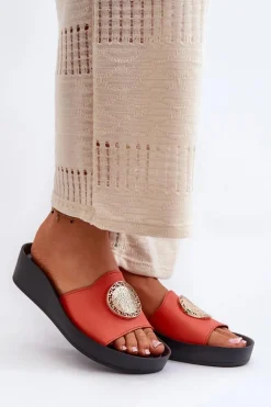 Zazoo 2920 Skórzane Klapki Damskie Na Koturnie Ze Złotym Detalem Pomarańczowe