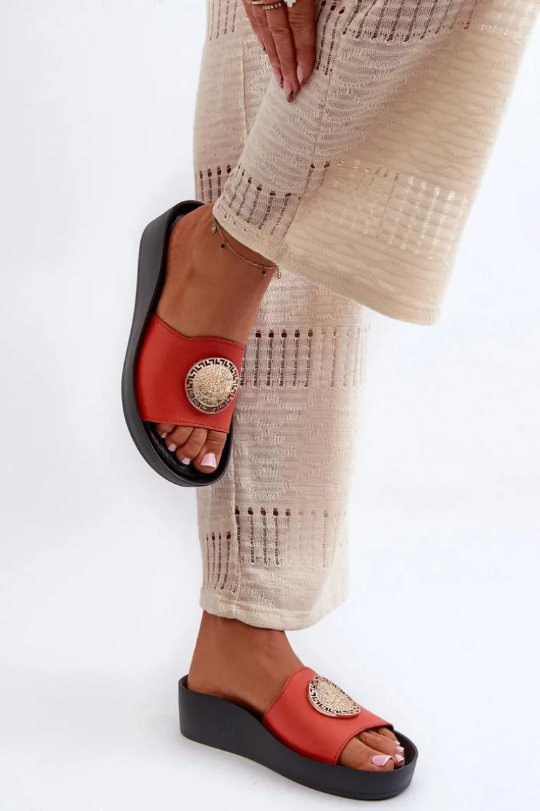 Zazoo 2920 Skórzane Klapki Damskie Na Koturnie Ze Złotym Detalem Pomarańczowe