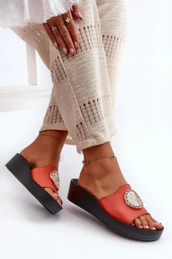 Zazoo 2920 Skórzane Klapki Damskie Na Koturnie Ze Złotym Detalem Pomarańczowe