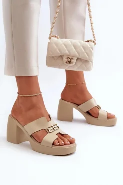 Zazoo 40419 Skórzane Klapki Damskie Z Wycięciami I Ozdobą Beżowe