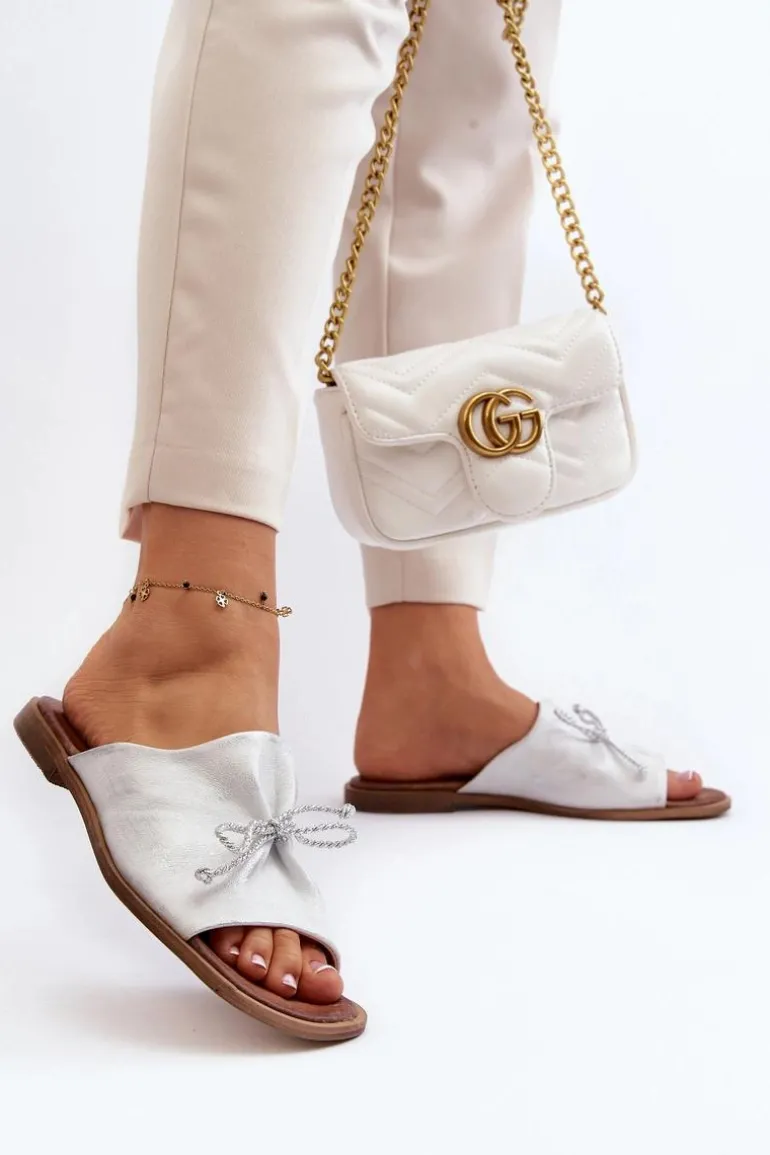 Zazoo 2659 Skórzane Klapki Damskie Srebrne