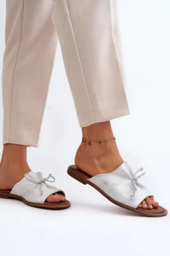 Zazoo 2659 Skórzane Klapki Damskie Srebrne