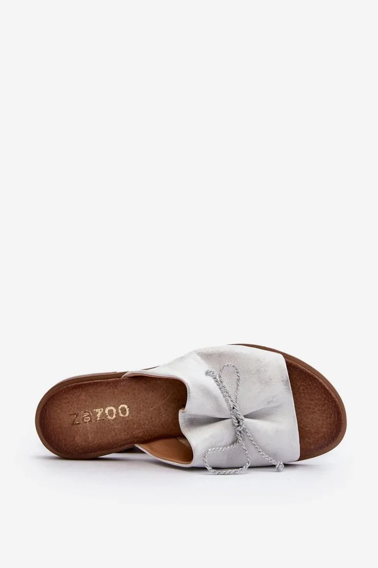 Zazoo 2659 Skórzane Klapki Damskie Srebrne