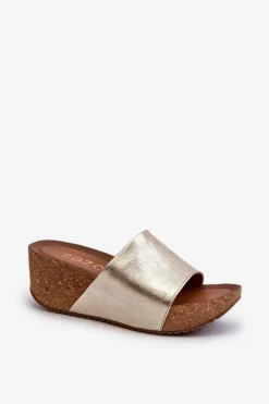 Zazoo 40289 Skórzane Klapki Damskie Na Korkowym Koturnie Złote