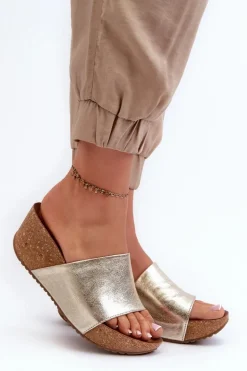 Zazoo 40289 Skórzane Klapki Damskie Na Korkowym Koturnie Złote