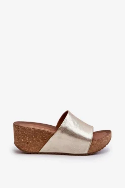 Zazoo 40289 Skórzane Klapki Damskie Na Korkowym Koturnie Złote