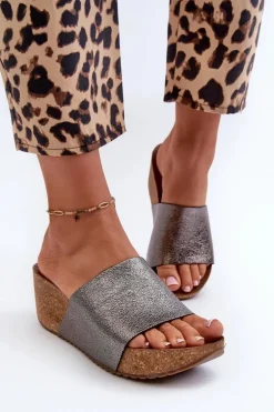 Zazoo 40291 Skórzane Klapki Damskie Na Korkowym Koturnie Grafitowe