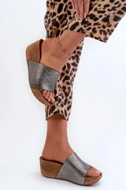 Zazoo 40291 Skórzane Klapki Damskie Na Korkowym Koturnie Grafitowe