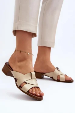 Zazoo 40236 Skórzane Klapki Damskie Na Niskim Obcasie Beżowe