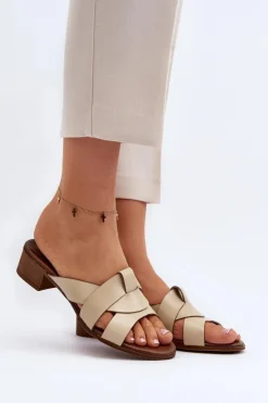 Zazoo 40236 Skórzane Klapki Damskie Na Niskim Obcasie Beżowe