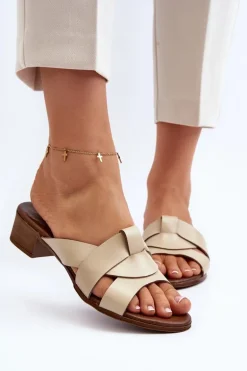 Zazoo 40236 Skórzane Klapki Damskie Na Niskim Obcasie Beżowe