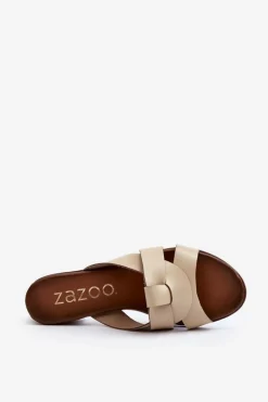 Zazoo 40236 Skórzane Klapki Damskie Na Niskim Obcasie Beżowe