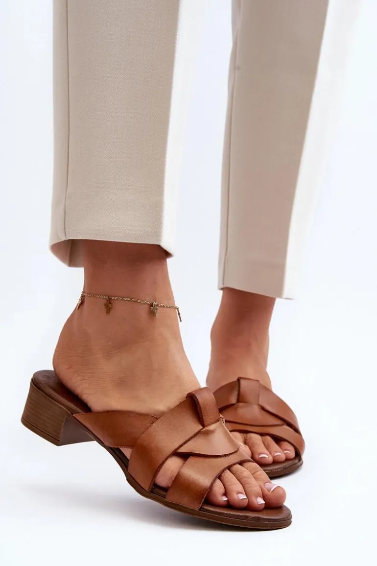 Zazoo 40236 Skórzane Klapki Damskie Na Niskim Obcasie Brązowe