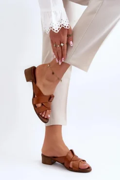 Zazoo 40236 Skórzane Klapki Damskie Na Niskim Obcasie Brązowe