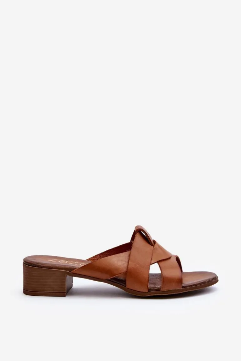 Zazoo 40236 Skórzane Klapki Damskie Na Niskim Obcasie Brązowe